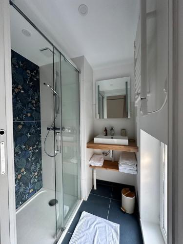 a bathroom with a glass shower and a sink at Duplex des montains in Loches