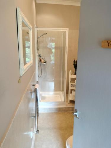 a bathroom with a shower and a toilet in it at Coxwold Tearoom in Coxwold