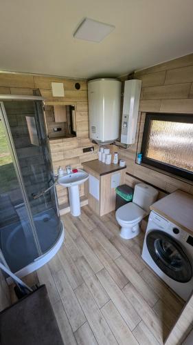 a bathroom with a shower and a toilet and a sink at Kupiškėnų Starkėnas in Palėvenėlė