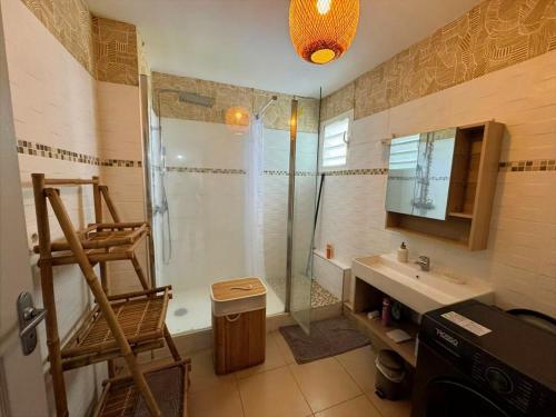 a bathroom with a shower and a sink at Rayon de vacances T3 spacieux et bien équipé in La Possession