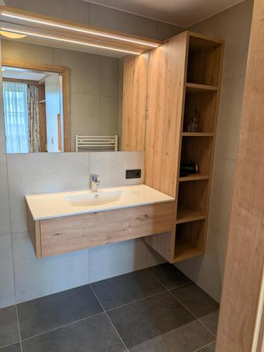 a bathroom with a sink and a mirror at Pension Holzapfel in Sankt Georgen im Attergau