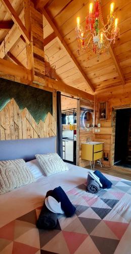 a bedroom with a large bed with a chandelier at Le Masdemoiselle Chalet in Salernes