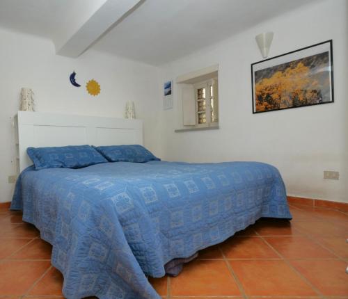 a bedroom with a bed with a blue comforter at Casa Paola 5 Terre in Biassa