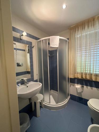 a bathroom with a shower and a sink and a toilet at Hotel Bulla Regia in Fontane Bianche