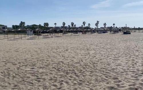 a sandy beach with a frisbee in the sand at Camping Ohel in Mullini i Danit