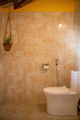 a bathroom with a toilet and a plant on the wall at Sunsetview Safari Lodge in Bardiyā