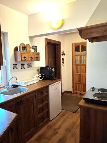 a kitchen with a sink and a refrigerator at Białowieska Przystań in Białowieża