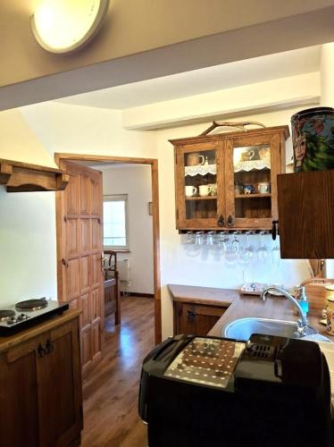 a kitchen with a counter with glasses on the wall at Białowieska Przystań in Białowieża