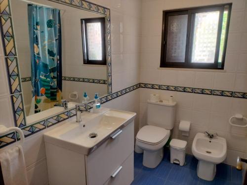 a bathroom with a sink and a toilet and a mirror at Comporta beach house in Carvalhal