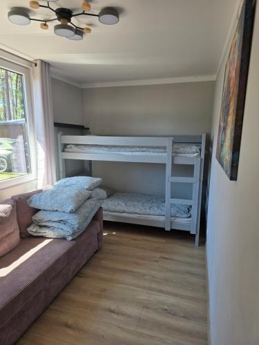 a room with two bunk beds and a couch at Oto Domek 2 in Międzyrzecz
