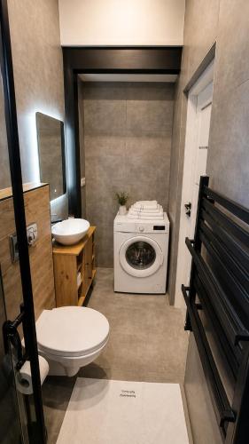 a bathroom with a toilet and a washing machine at Dream Apartments 3B KLIMATYZACJA in Oświęcim