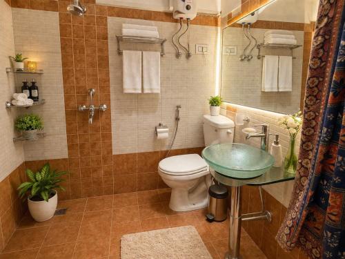 a bathroom with a toilet and a glass sink at C 44 the local history in Jaipur
