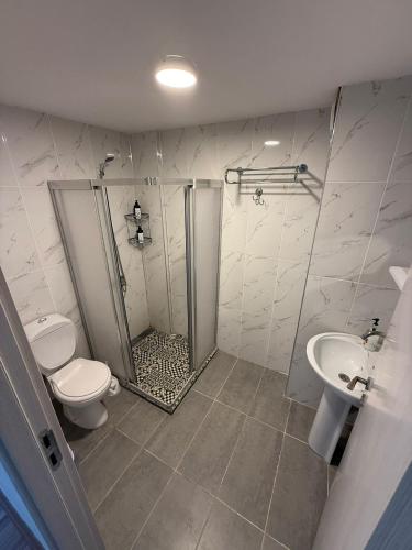 a bathroom with a shower and a toilet and a sink at Mavi Kuş in Bektaş