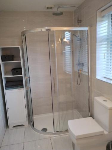 a bathroom with a shower and a toilet at Hillview in Royaloak