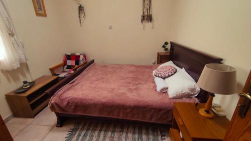 a bedroom with a bed and a table with a lamp at AsteriA 3D House Inn in Pano Arodes