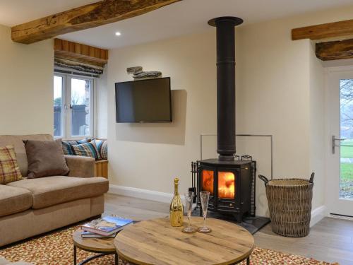 a living room with a wood stove in a room at Tarn Rigg Cottage - Uk1368 in Keswick