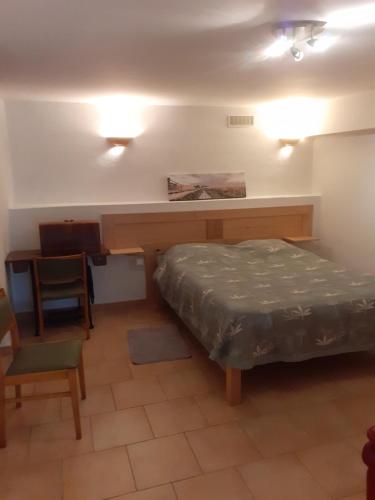 a bedroom with a bed and a desk and a chair at La tonnelle in Plaisians