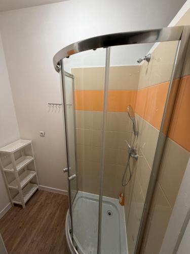 a shower with a glass door in a bathroom at -Mała in Kielce