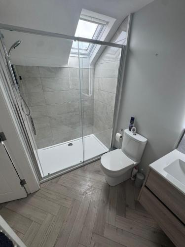 a bathroom with a shower and a toilet and a sink at West Strand Snug in Portrush