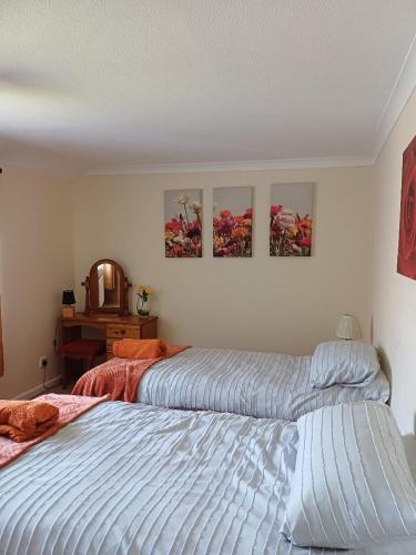 a bedroom with two beds and a mirror at The Orange room in Lincolnshire