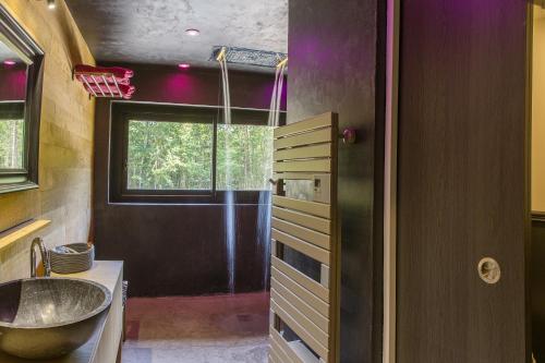 a bathroom with a sink and a mirror and a window at Lodge de Loire - B & B proche Chambord in Saint Laurent Nouan