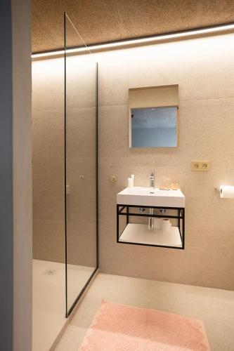 a bathroom with a sink and a shower at Herberg 't Molenhuis in Vichte