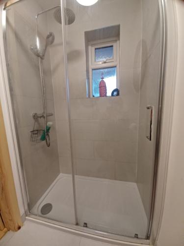 eine Dusche mit Glastür im Badezimmer in der Unterkunft Rodali in Lyme Regis