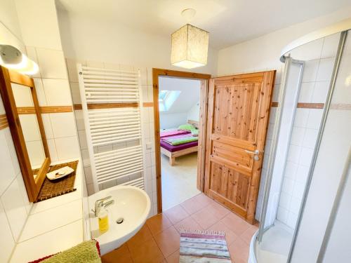 a bathroom with a toilet and a sink and a mirror at Naturerlebnishof Uferloos in Kienitz