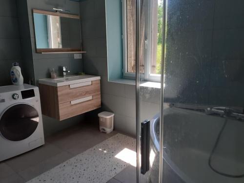 a bathroom with a shower and a washing machine at Le Gite des Sources in Lormes