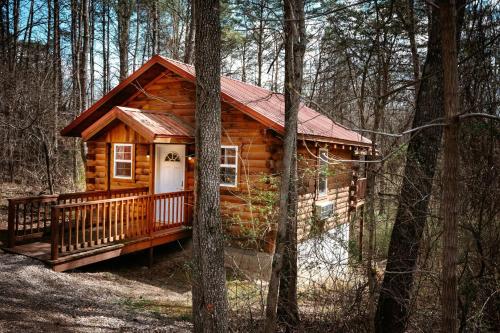 a log cabin in the woods with trees at Cardinal's Crest in Logan