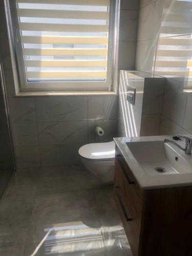 a bathroom with a sink and a toilet and a window at Przystań dla rodziny in Tarnów