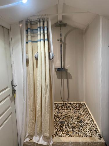 a shower with a shower curtain in a bathroom at Chez Chris in Jard-sur-Mer