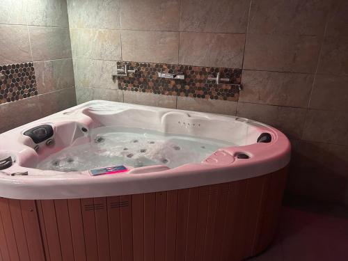 a large pink bath tub in a bathroom at Love room in La Celle-sous-Gouzon