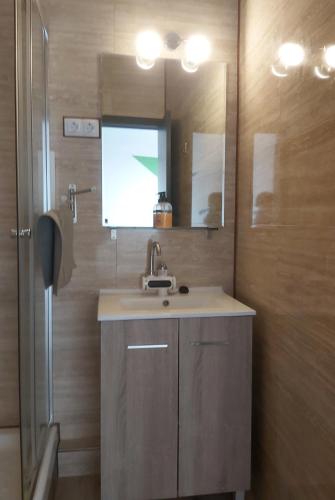 a bathroom with a sink and a mirror and a shower at Casa Arte in San José de Caideros