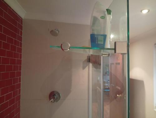 a shower with a glass door and a bottle on a shelf at Victorian Woodstock in Cape Town