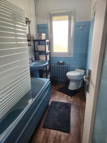 a bathroom with a tub and a toilet and a window at Charmante maison in Dinard