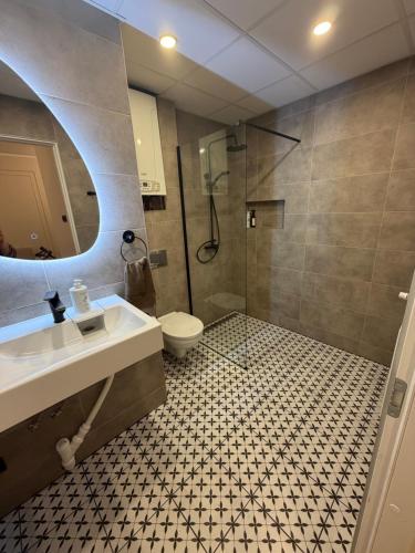a bathroom with a sink and a shower and a toilet at Luxe Lumine Apartment #2 in Kohtla-Järve