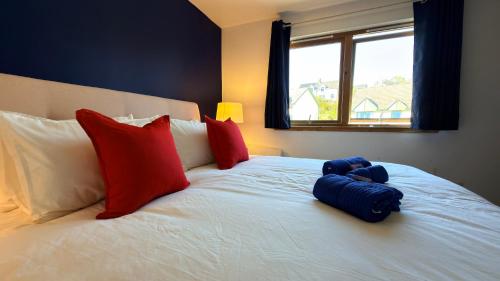 a bedroom with a bed with red and blue pillows at Super-King Room Tobermory with shared bathroom in Tobermory
