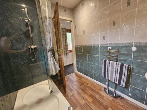 a bathroom with a shower and a bath tub at Cottage - Sleeps 5 - Garden - River Side in Garve
