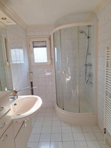 a bathroom with a shower and a sink at Happy Place is een modern en comfortabel chalet met een grote afgesloten tuin op de Veluwe, Recreatiepark De oude Driest in Putten