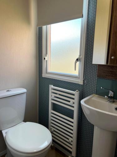 a bathroom with a toilet and a sink and a window at Merryfield and Sandfields in Chapel Saint Leonards