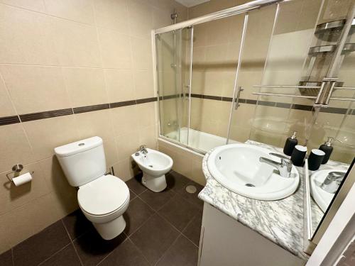 a bathroom with a toilet and a sink and a shower at Teleferico Center Funchal in Funchal