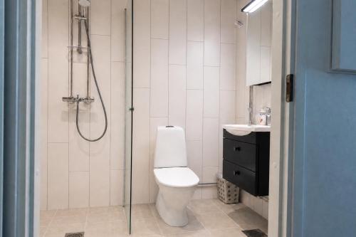 a bathroom with a shower and a toilet and a sink at Nord Heaven in Turku
