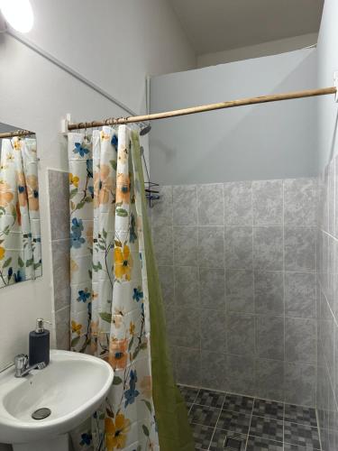 a bathroom with a shower curtain and a sink at Hostal El Amate #2 in Suchitoto