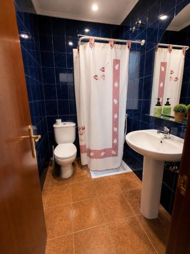 a blue tiled bathroom with a toilet and a sink at Agarimo in Trapagaran