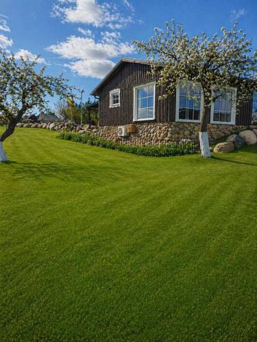 a house on a lawn with trees in front of it at Kregžlės kaimas in Skirlėnai