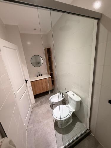 a bathroom with a toilet and a glass shower at APART-Esperanza in Esperanza