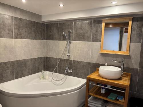 a bathroom with a tub and a toilet and a sink at La Fenière in Roubion