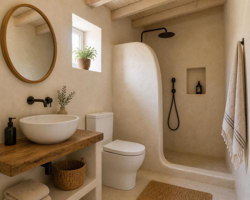 a bathroom with a sink and a toilet and a mirror at Palokastro House Quiet Village Stay with Terrace in Samos