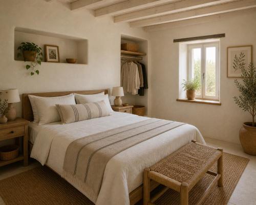 a bedroom with a large bed and a window at Palokastro House Quiet Village Stay with Terrace in Samos